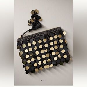 New Anthropologie Pailette zip top clutch bag Black and Gold Sequins tassel